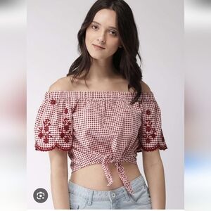 Forever 21 Small Red Checked Embroidered Sleeves Tie Front Bardot Top